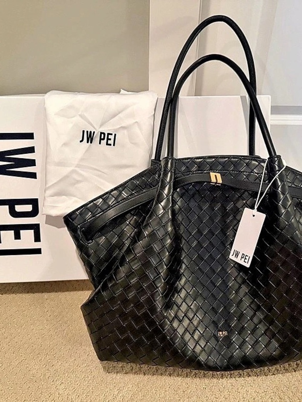 JW PEI Hana Large Weave Texture Tote Bag in Black NWT